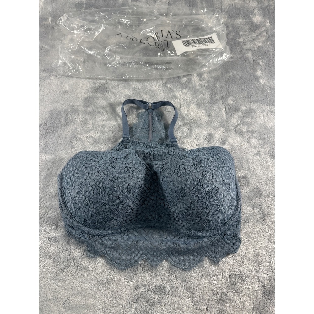 Victorias Secret Pink Lace Front Zip Push Up Bralette Blue Racerback S(D-DD)